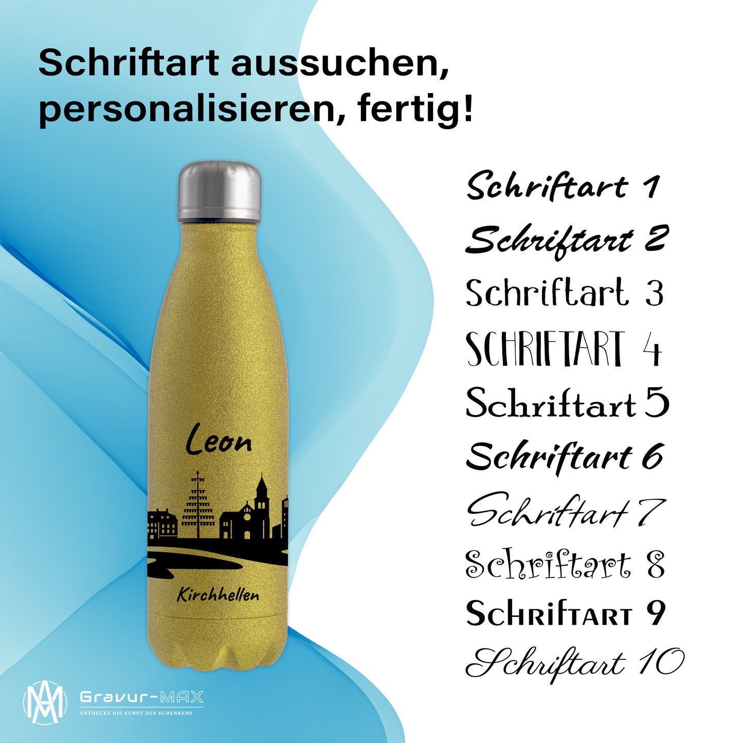 Glitzer Trinkflasche in Gold 500ml aus Edelstahl bedruckt mit der Skyline von Kirchhellen personalisierbar mit Wunschname