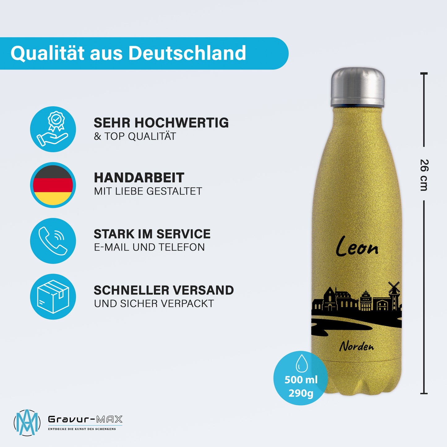 Glitzer Trinkflasche in Gold 500ml aus Edelstahl bedruckt mit der Skyline von Norden personalisierbar mit Wunschname