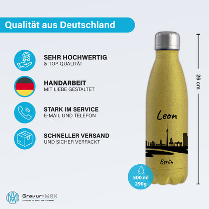 Glitzer Trinkflasche in Gold 500ml aus Edelstahl bedruckt mit der Skyline von Berlin personalisierbar mit Wunschname