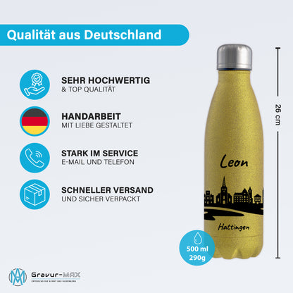 Glitzer Trinkflasche in Gold 500ml aus Edelstahl bedruckt mit der Skyline von Hattingen personalisierbar mit Wunschname