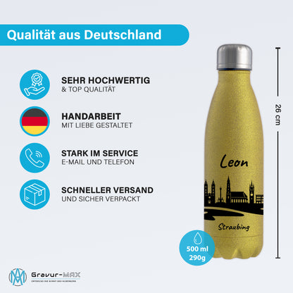 Glitzer Trinkflasche in Gold 500ml aus Edelstahl bedruckt mit der Skyline von Straubing personalisierbar mit Wunschname