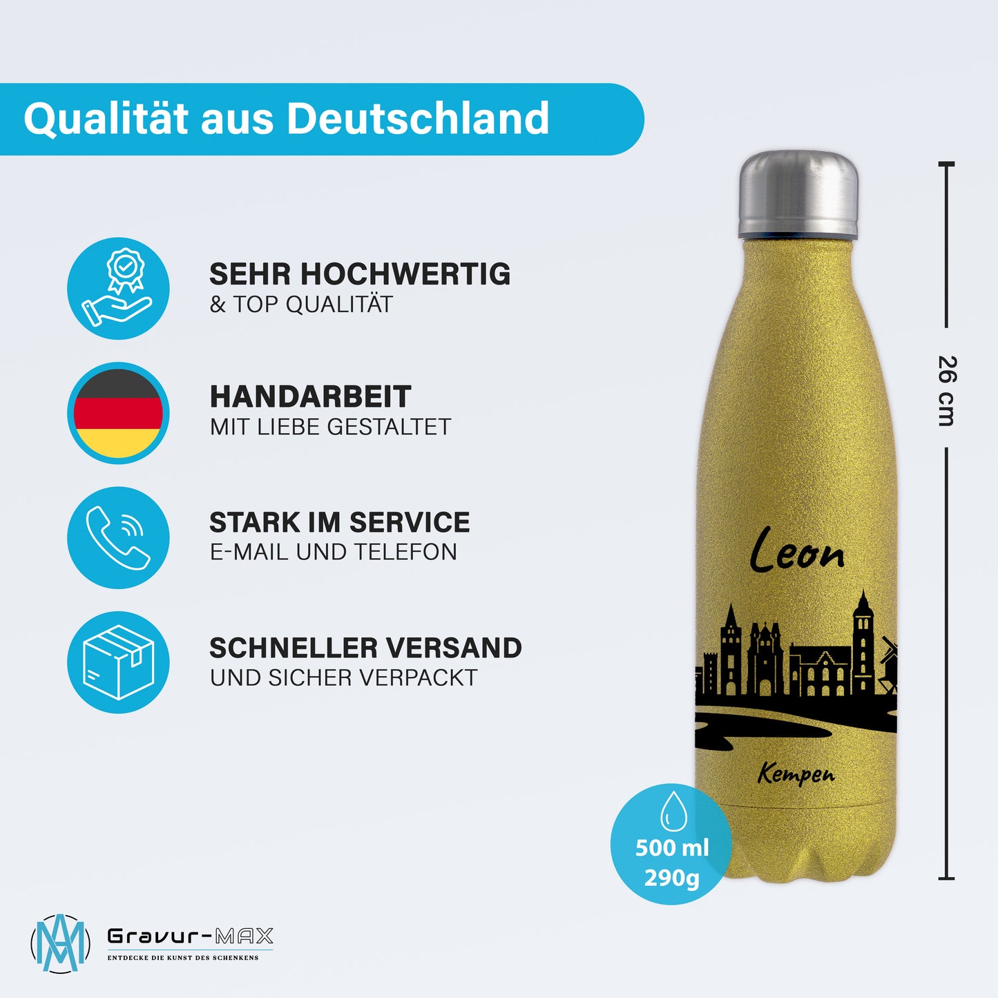 Glitzer Trinkflasche in Gold 500ml aus Edelstahl bedruckt mit der Skyline von Kempen personalisierbar mit Wunschname