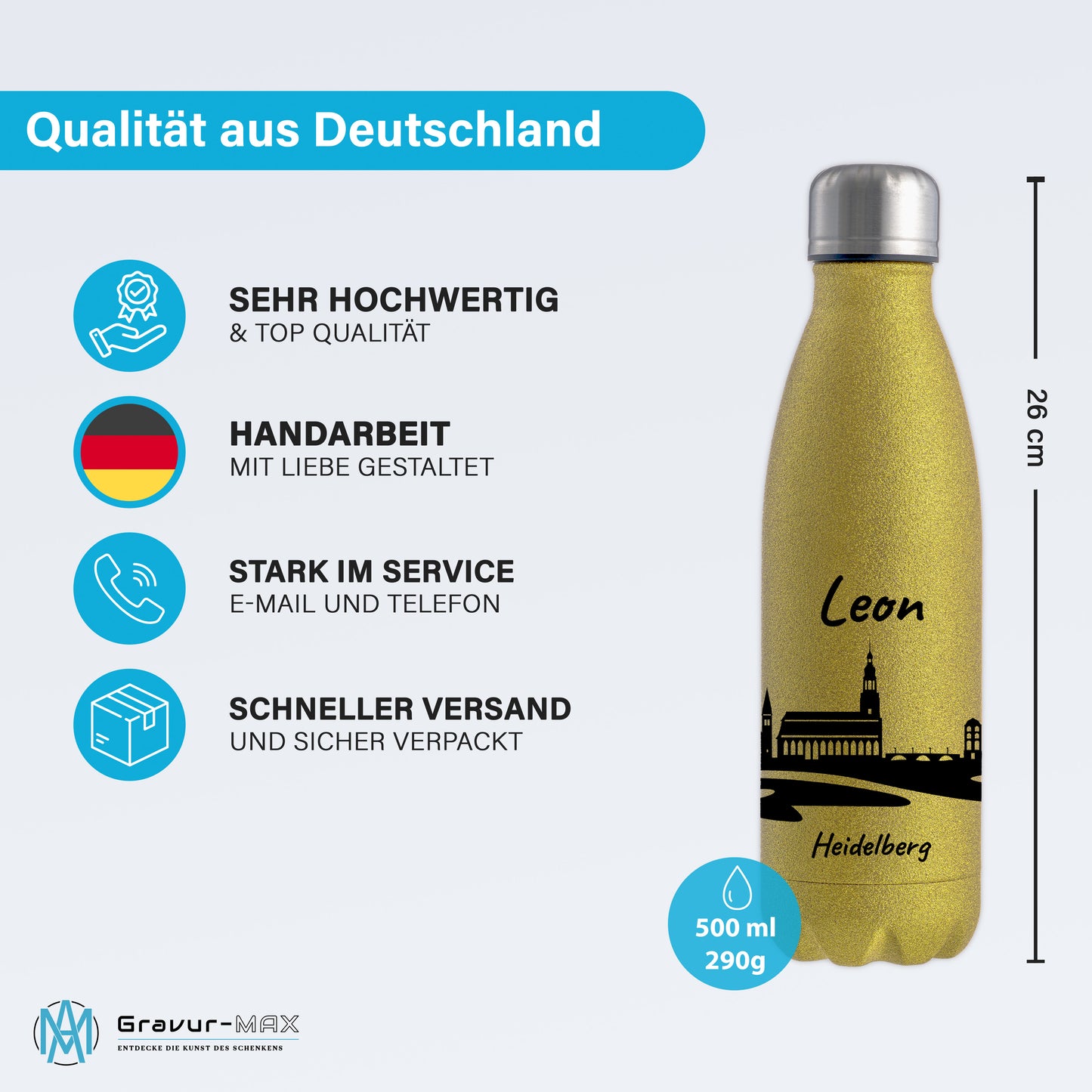 Glitzer Trinkflasche in Gold 500ml aus Edelstahl bedruckt mit der Skyline von Heidelberg personalisierbar mit Wunschname