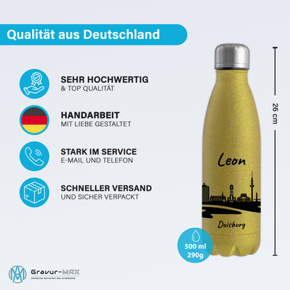 Glitzer Trinkflasche in Gold 500ml aus Edelstahl bedruckt mit der Skyline von Duisburg personalisierbar mit Wunschname
