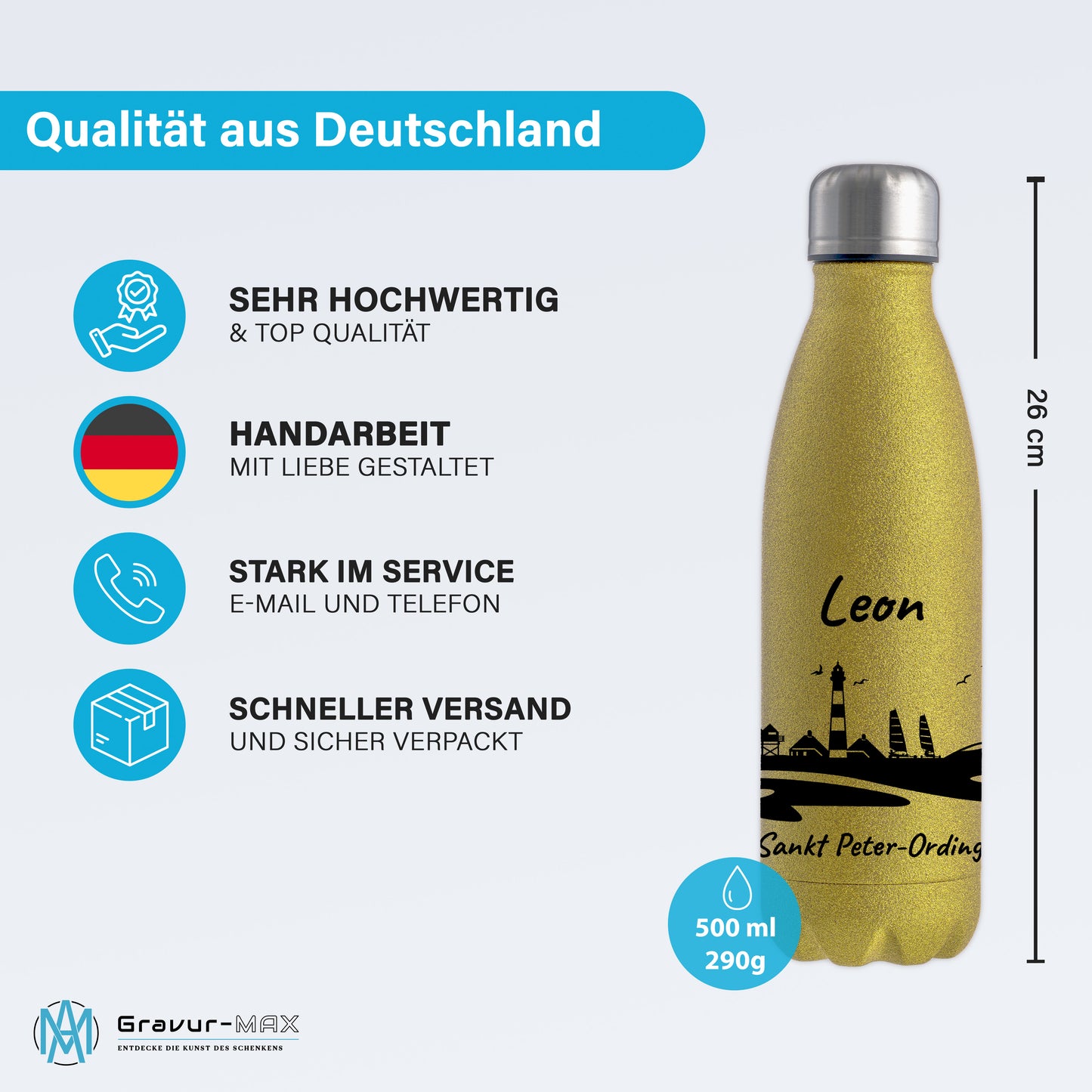 Glitzer Trinkflasche in Gold 500ml aus Edelstahl bedruckt mit der Skyline von Sankt Peter-Ording personalisierbar mit Wunschname