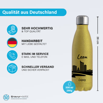Glitzer Trinkflasche in Gold 500ml aus Edelstahl bedruckt mit der Skyline von Leipzig personalisierbar mit Wunschname