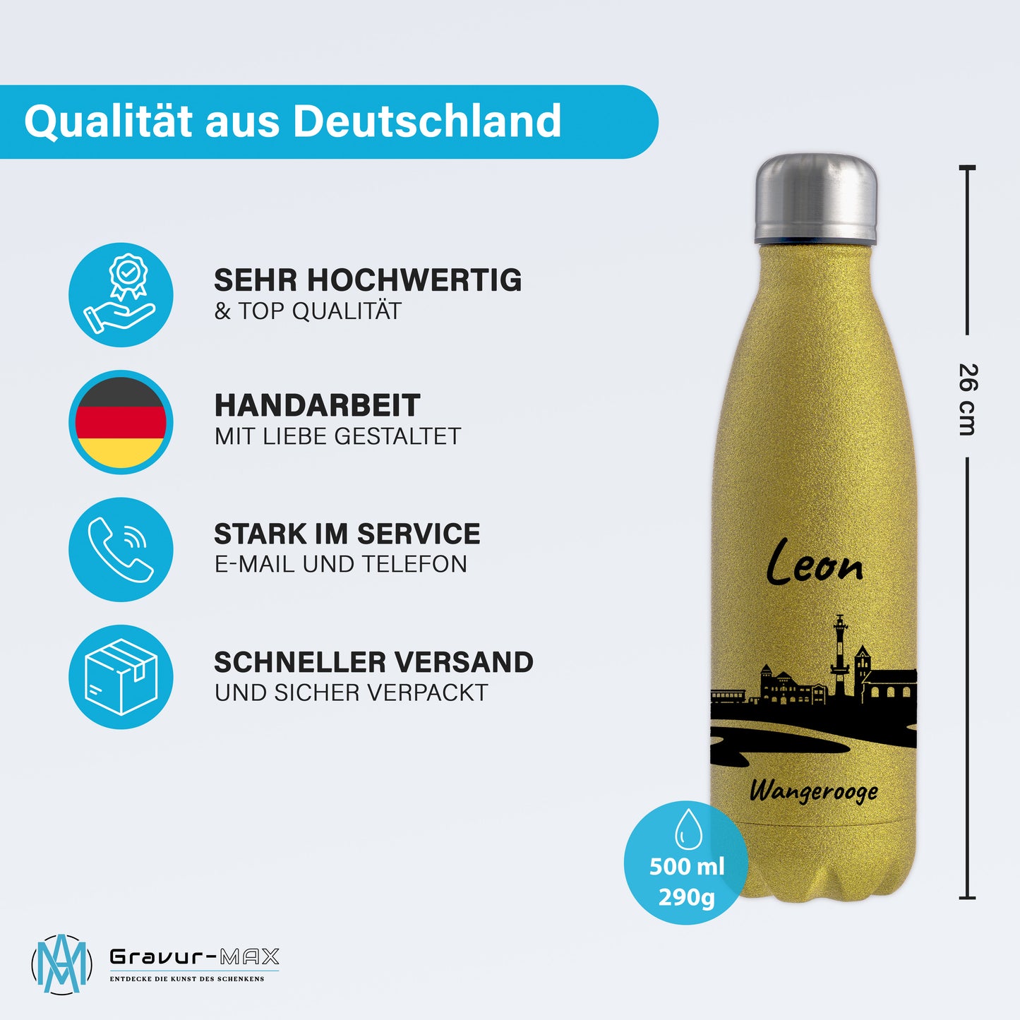 Glitzer Trinkflasche in Gold 500ml aus Edelstahl bedruckt mit der Skyline von Wangerooge personalisierbar mit Wunschname