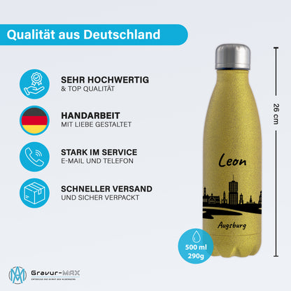 Glitzer Trinkflasche in Gold 500ml aus Edelstahl bedruckt mit der Skyline von Augsburg personalisierbar mit Wunschname