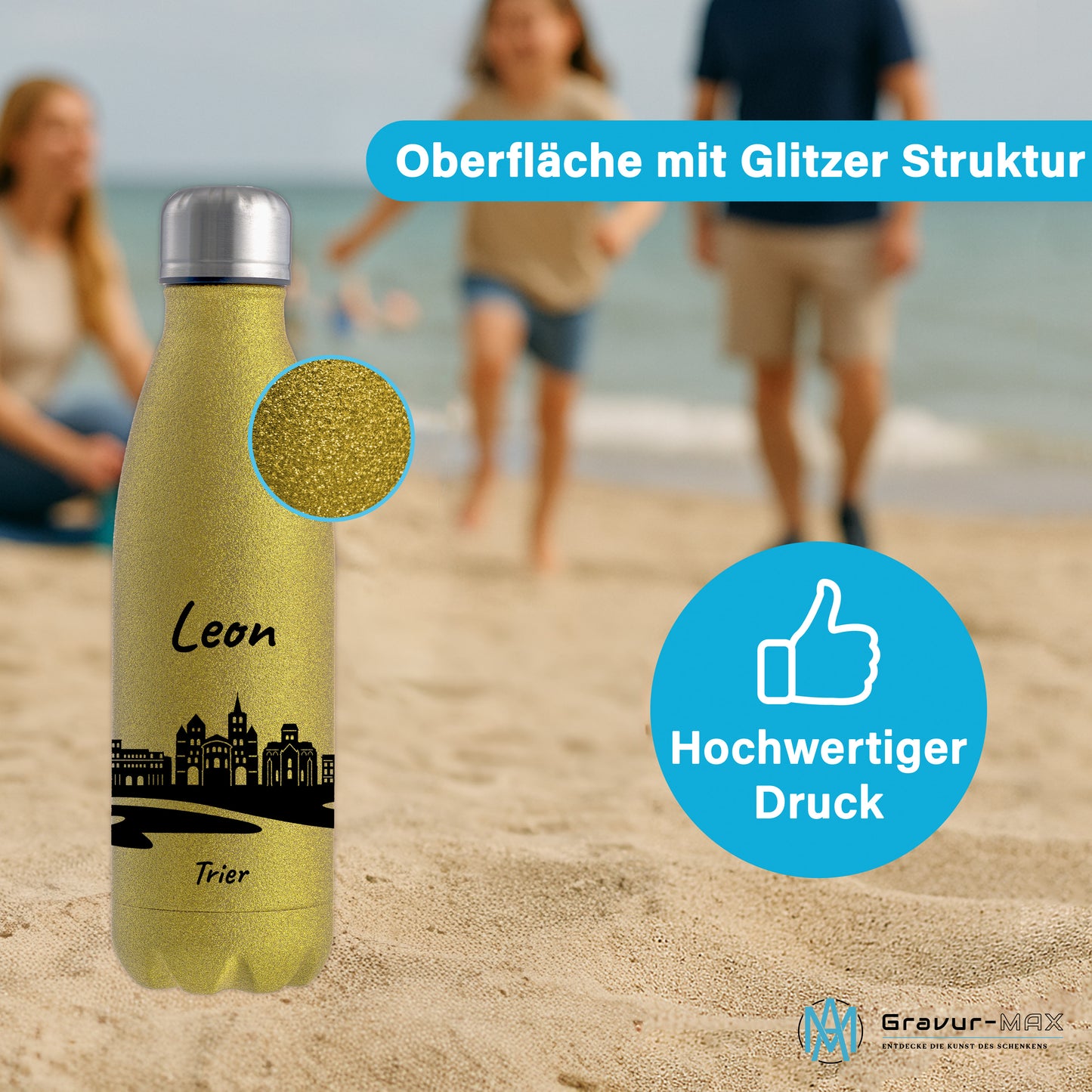 Glitzer Trinkflasche in Gold 500ml aus Edelstahl bedruckt mit der Skyline von Trier personalisierbar mit Wunschname