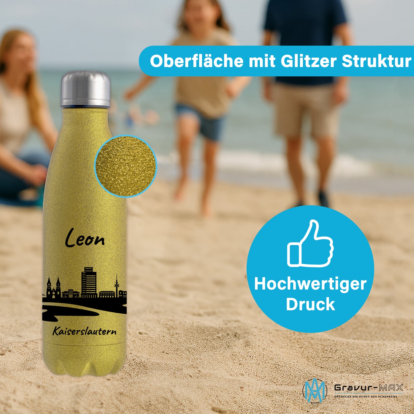Glitzer Trinkflasche in Gold 500ml aus Edelstahl bedruckt mit der Skyline von Kaiserslautern personalisierbar mit Wunschname