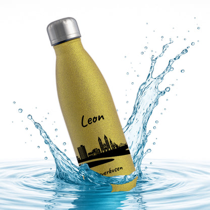 Glitzer Trinkflasche in Gold 500ml aus Edelstahl bedruckt mit der Skyline von Leverkusen personalisierbar mit Wunschname