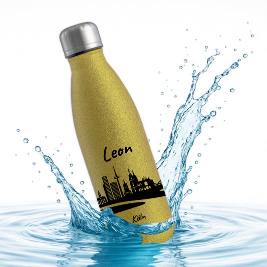 Glitzer Trinkflasche in Gold 500ml aus Edelstahl bedruckt mit der Skyline von Köln personalisierbar mit Wunschname