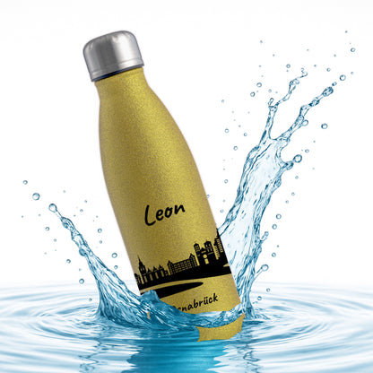 Glitzer Trinkflasche in Gold 500ml aus Edelstahl bedruckt mit der Skyline von Osnabrück personalisierbar mit Wunschname