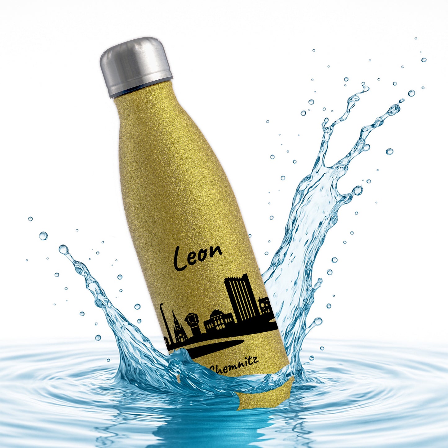 Glitzer Trinkflasche in Gold 500ml aus Edelstahl bedruckt mit der Skyline von Chemnitz personalisierbar mit Wunschname