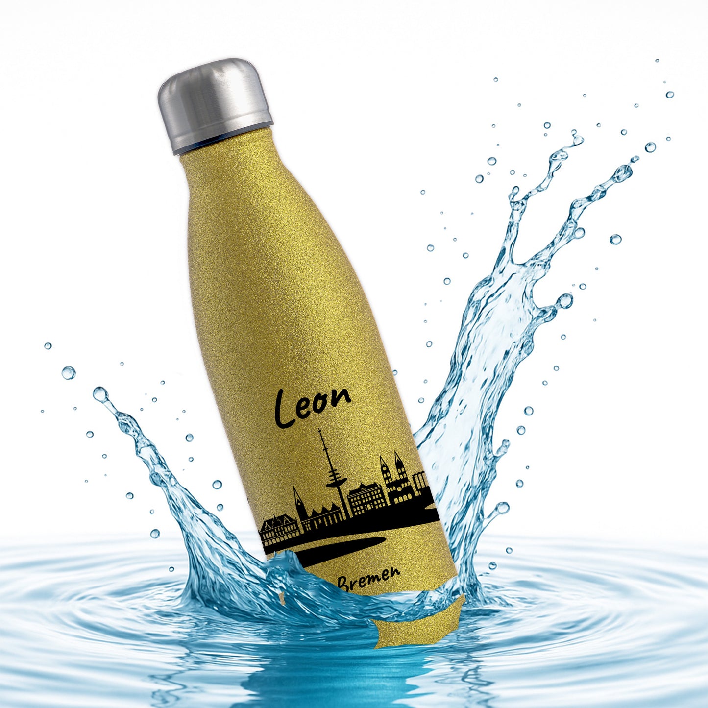 Glitzer Trinkflasche in Gold 500ml aus Edelstahl bedruckt mit der Skyline von Bremen personalisierbar mit Wunschname