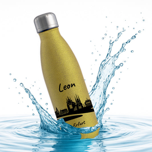 Glitzer Trinkflasche in Gold 500ml aus Edelstahl bedruckt mit der Skyline von Erfurt personalisierbar mit Wunschname