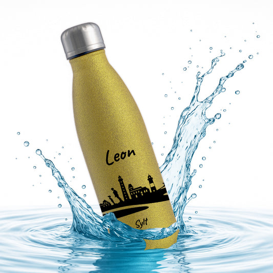 Glitzer Trinkflasche in Gold 500ml aus Edelstahl bedruckt mit der Skyline von Sylt personalisierbar mit Wunschname