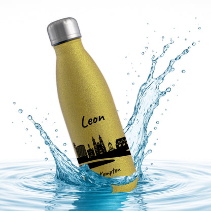 Glitzer Trinkflasche in Gold 500ml aus Edelstahl bedruckt mit der Skyline von Kempten personalisierbar mit Wunschname