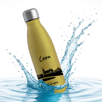 Glitzer Trinkflasche in Gold 500ml aus Edelstahl bedruckt mit der Skyline von Solingen personalisierbar mit Wunschname