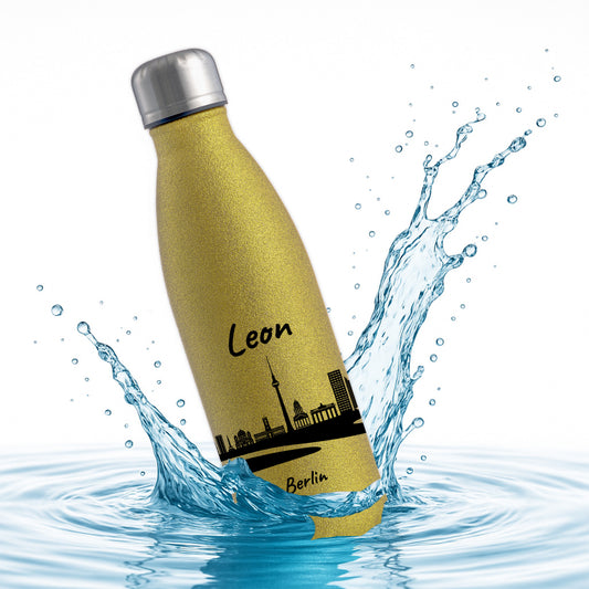 Glitzer Trinkflasche in Gold 500ml aus Edelstahl bedruckt mit der Skyline von Berlin personalisierbar mit Wunschname