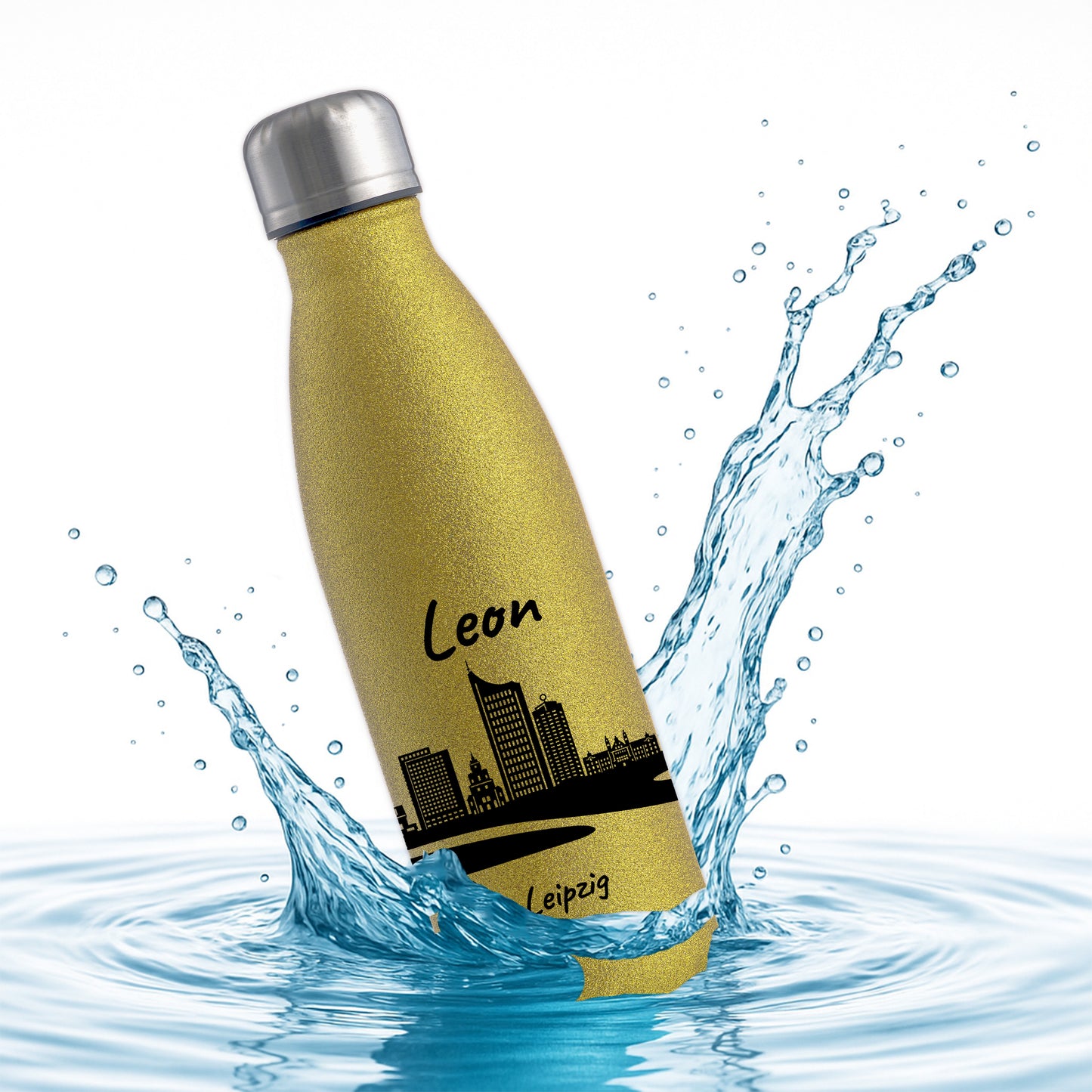Glitzer Trinkflasche in Gold 500ml aus Edelstahl bedruckt mit der Skyline von Leipzig personalisierbar mit Wunschname
