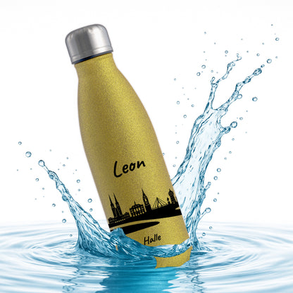 Glitzer Trinkflasche in Gold 500ml aus Edelstahl bedruckt mit der Skyline von Halle personalisierbar mit Wunschname