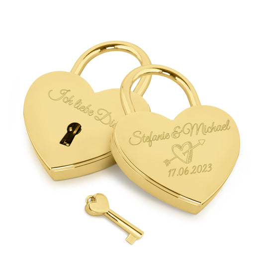 Herzschloss in Gold mit Gravur "Amor" Liebesschloss personalisiert mit Wunschnamen in 4 ver. Farben