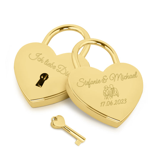 Herzschloss in Gold mit Gravur "Brautpaar" Liebesschloss personalisiert mit Wunschnamen in 4 ver. Farben