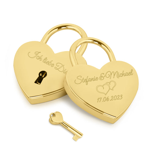 Herzschloss in Gold mit Gravur "Doppelherz" Liebesschloss personalisiert mit Wunschnamen in 4 ver. Farben