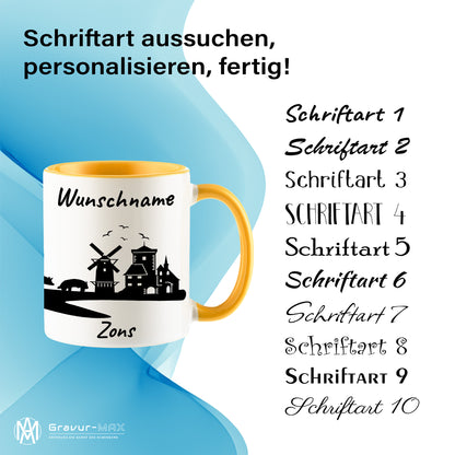 Tasse in Goldgelb 330ml bedruckt mit der Skyline von Zons (Dormagen) personalisierbar mit Wunschname