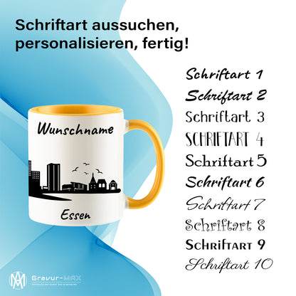Tasse in Goldgelb 330ml bedruckt mit der Skyline von Essen personalisierbar mit Wunschname