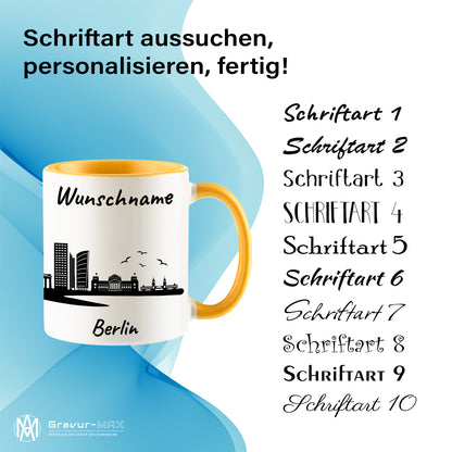 Tasse in Goldgelb 330ml bedruckt mit der Skyline von Berlin personalisierbar mit Wunschname