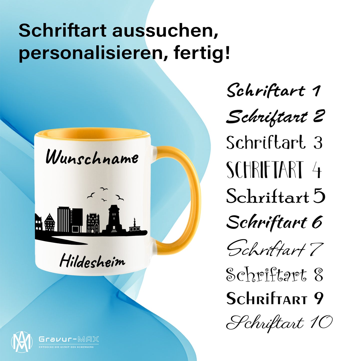 Tasse in Goldgelb 330ml bedruckt mit der Skyline von Hildesheim personalisierbar mit Wunschname