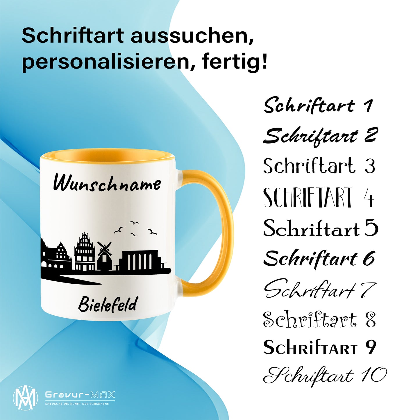 Tasse in Goldgelb 330ml bedruckt mit der Skyline von Bielefeld personalisierbar mit Wunschname