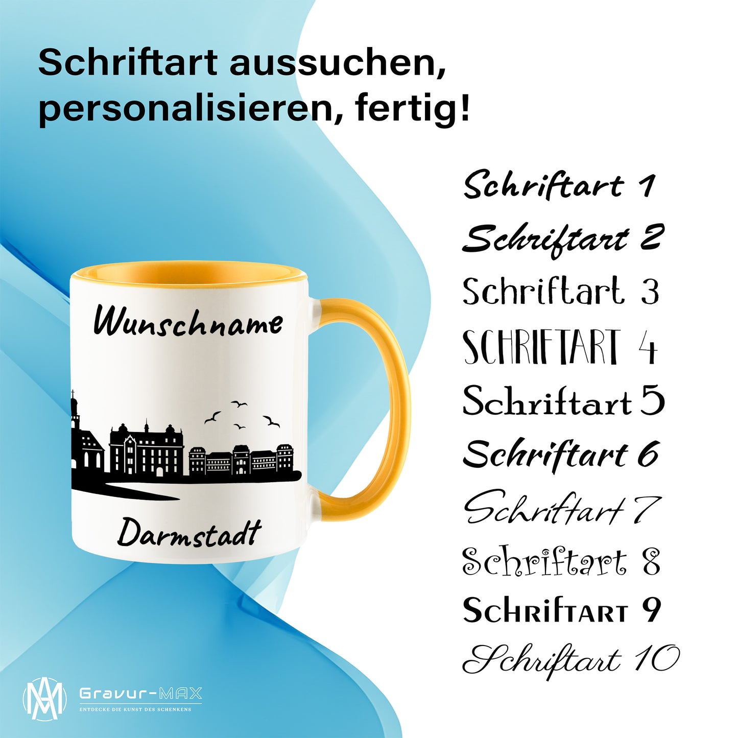 Tasse in Goldgelb 330ml bedruckt mit der Skyline von Darmstadt personalisierbar mit Wunschname
