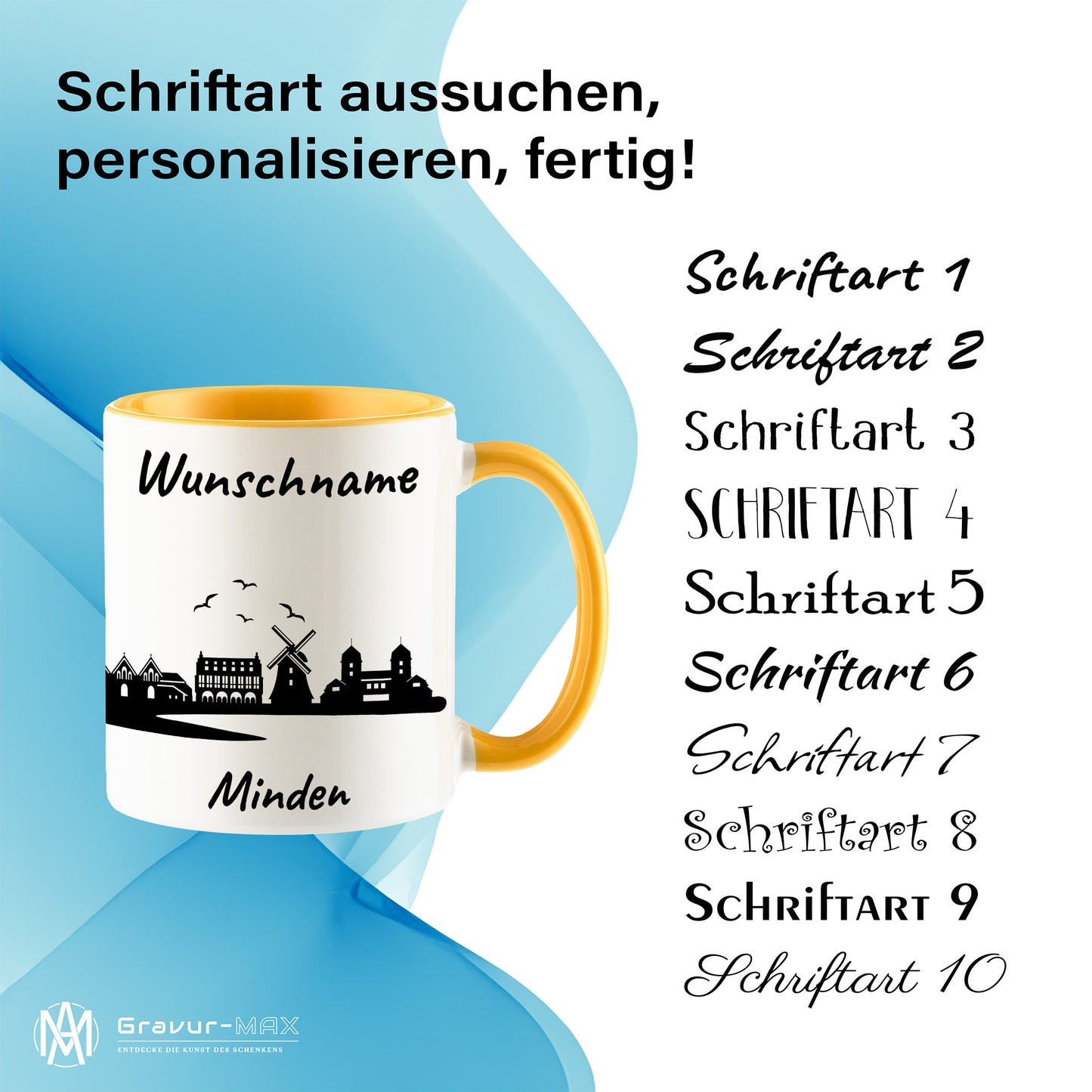 Tasse in Goldgelb 330ml bedruckt mit der Skyline von Minden personalisierbar mit Wunschname