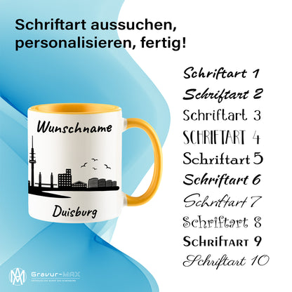Tasse in Goldgelb 330ml bedruckt mit der Skyline von Duisburg personalisierbar mit Wunschname