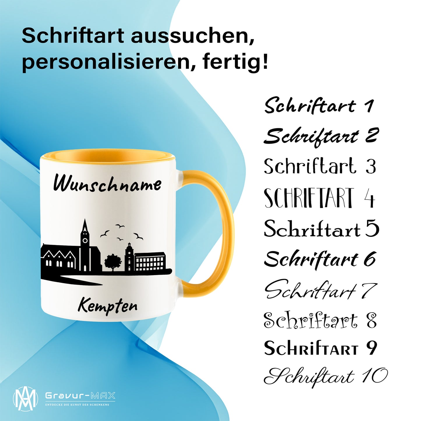 Tasse in Goldgelb 330ml bedruckt mit der Skyline von Kempten personalisierbar mit Wunschname