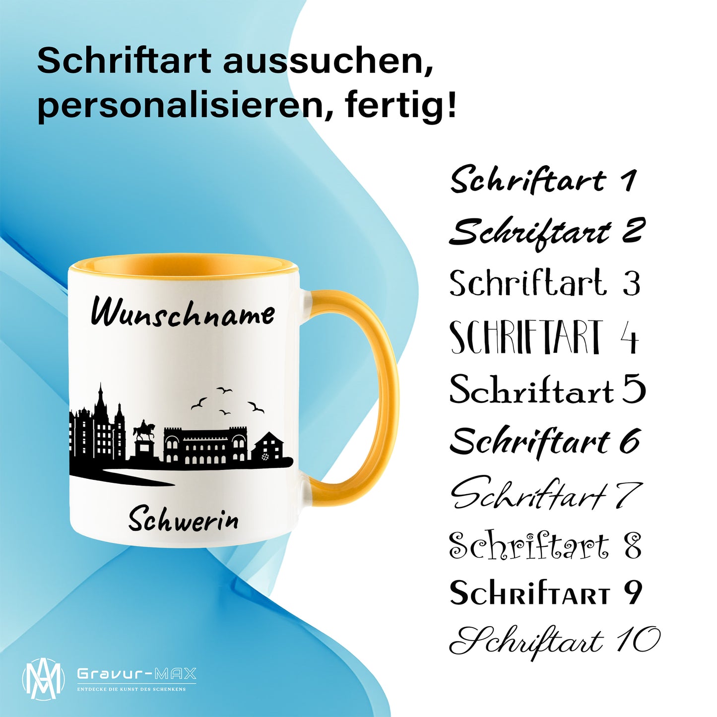 Tasse in Goldgelb 330ml bedruckt mit der Skyline von Schwerin personalisierbar mit Wunschname