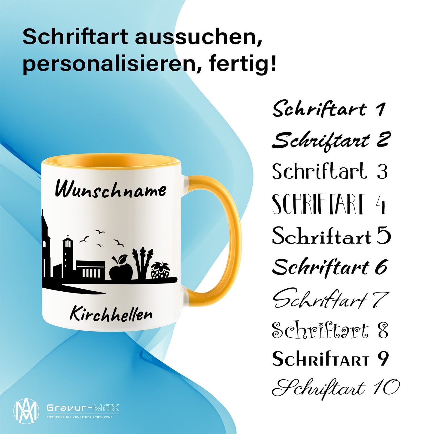 Tasse in Goldgelb 330ml bedruckt mit der Skyline von Kirchhellen personalisierbar mit Wunschname