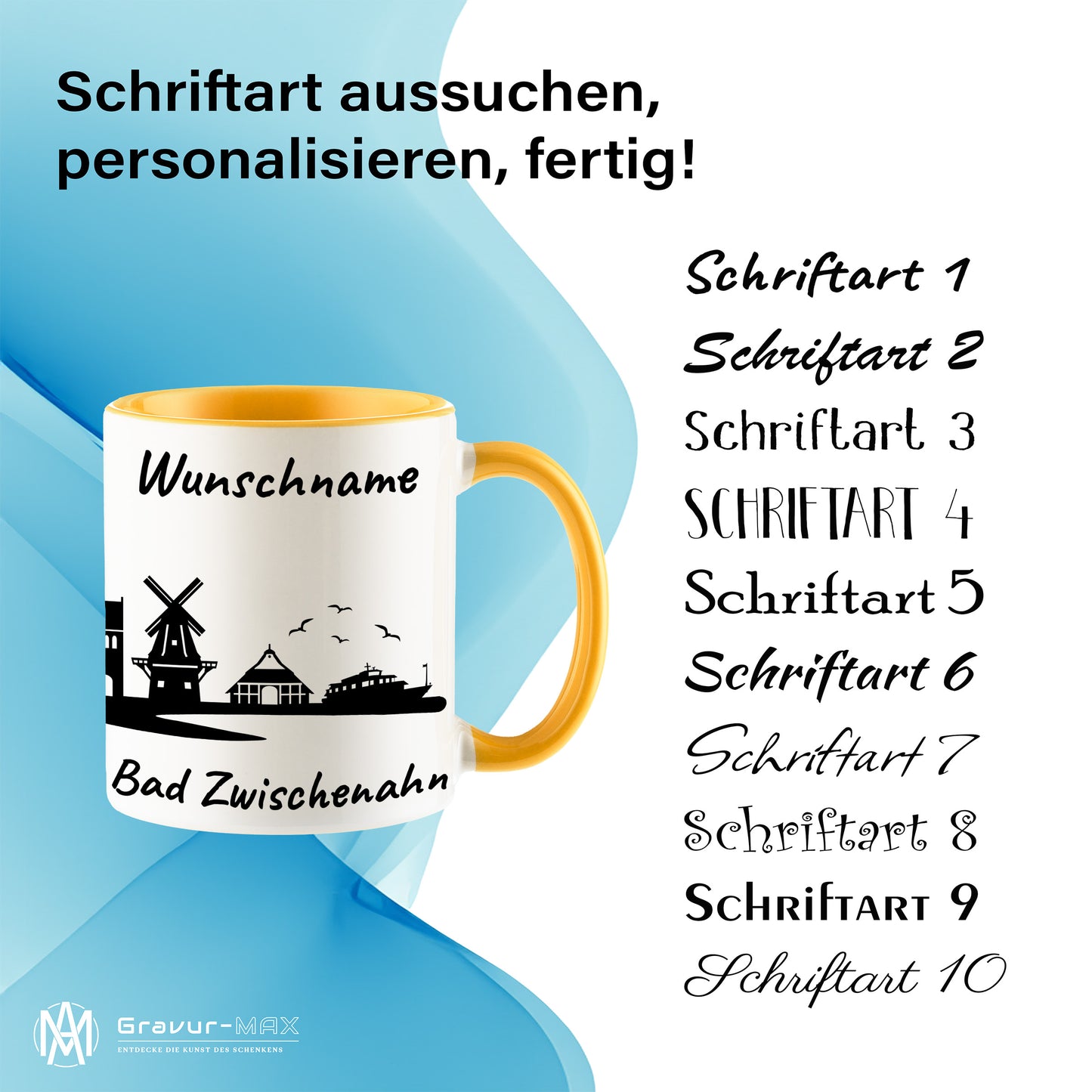 Tasse in Goldgelb 330ml bedruckt mit der Skyline von Bad Zwischenahn personalisierbar mit Wunschname