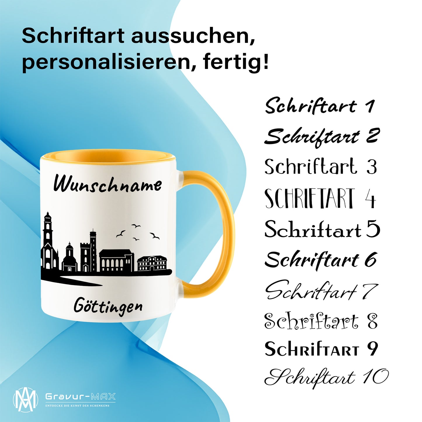 Tasse in Goldgelb 330ml bedruckt mit der Skyline von Göttingen personalisierbar mit Wunschname