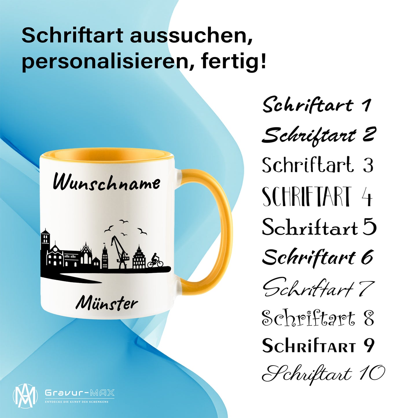 Tasse in Goldgelb 330ml bedruckt mit der Skyline von Münster personalisierbar mit Wunschname