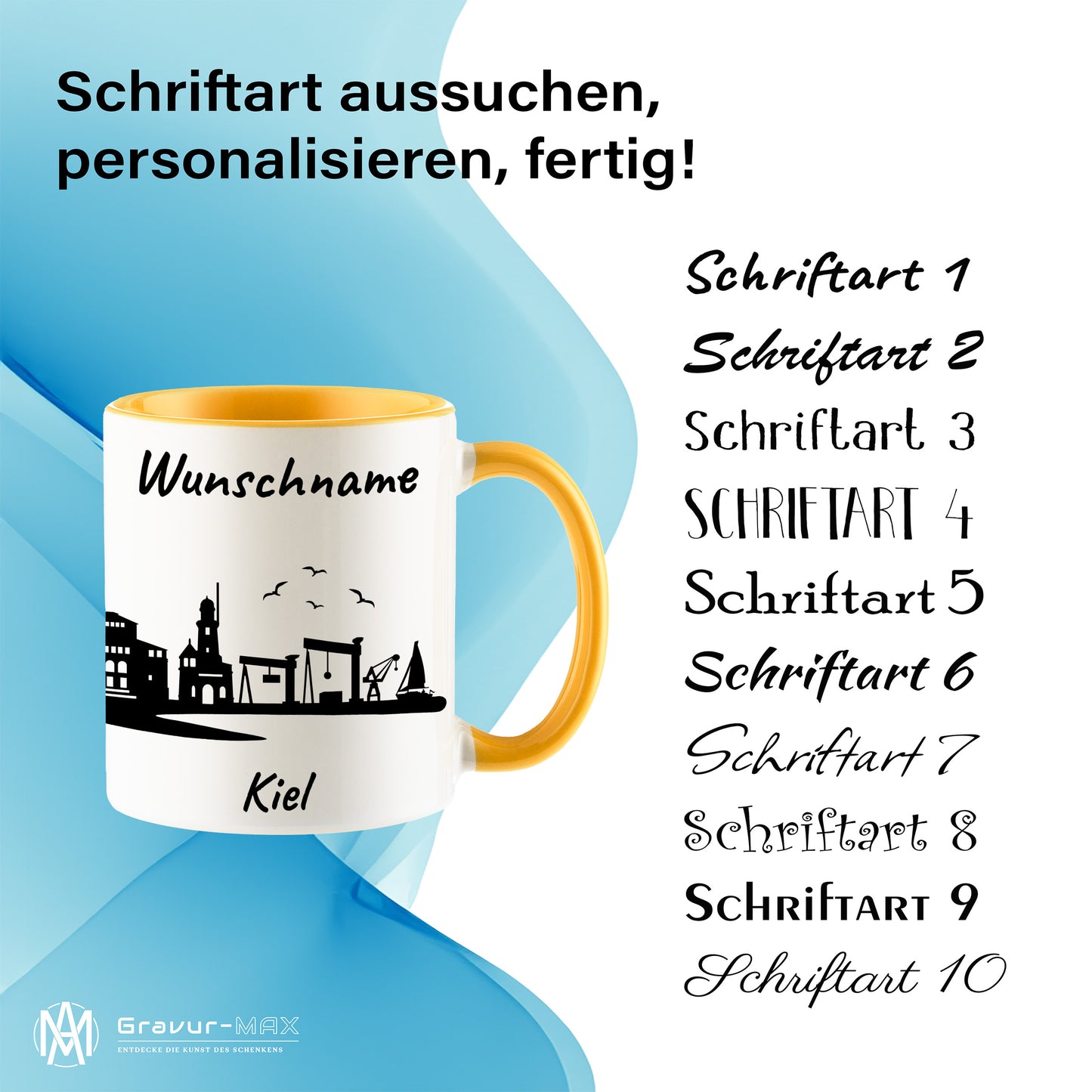 Tasse in Goldgelb 330ml bedruckt mit der Skyline von Kiel personalisierbar mit Wunschname