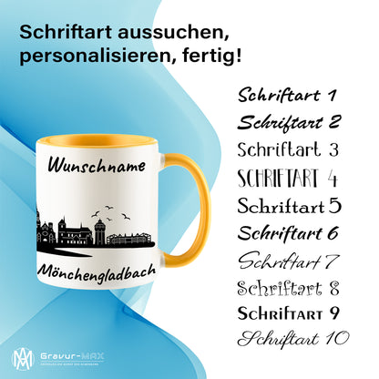 Tasse in Goldgelb 330ml bedruckt mit der Skyline von Mönchengladbach personalisierbar mit Wunschname