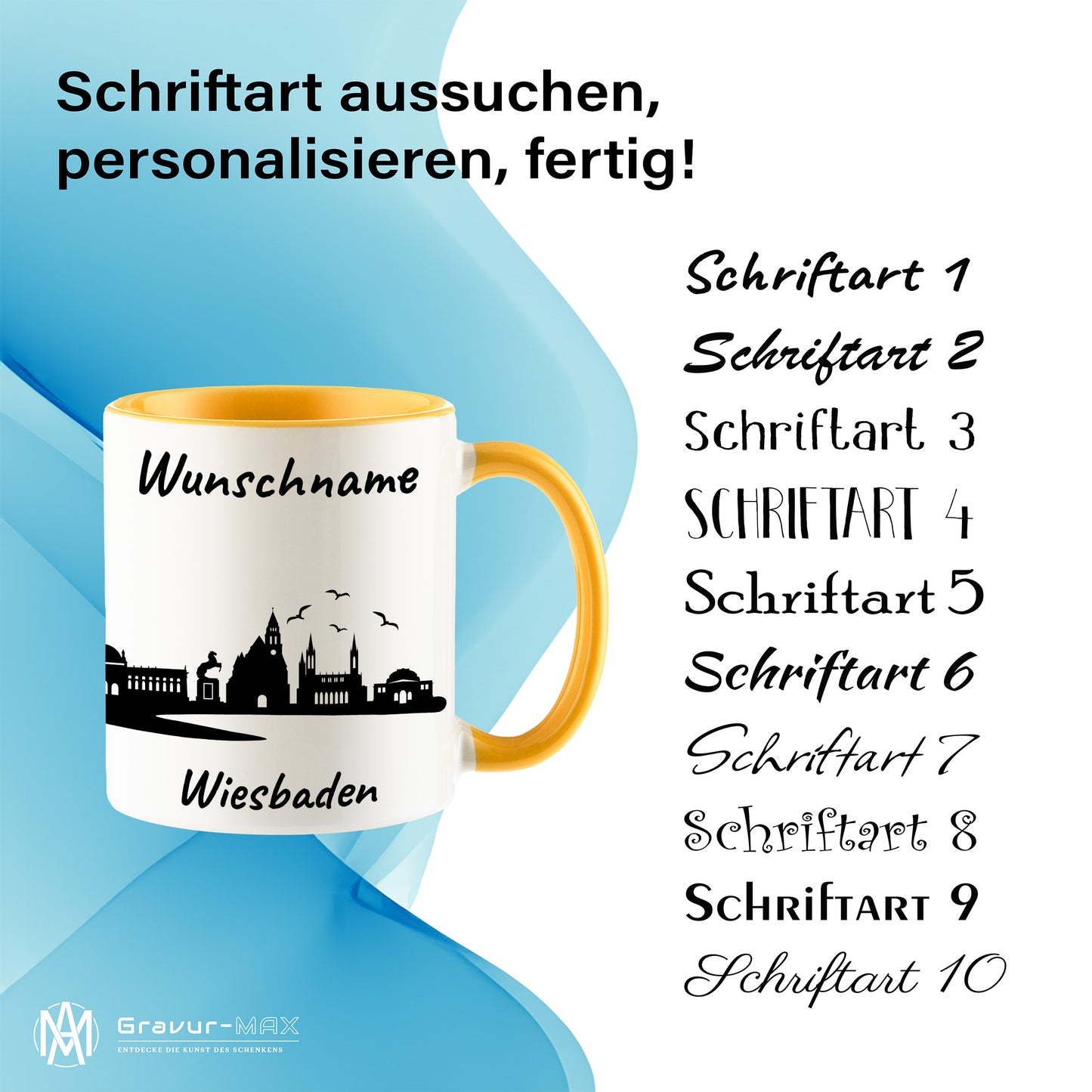 Tasse in Goldgelb 330ml bedruckt mit der Skyline von Wiesbaden personalisierbar mit Wunschname