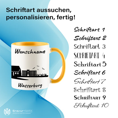 Tasse in Goldgelb 330ml bedruckt mit der Skyline von Wasserburg personalisierbar mit Wunschname