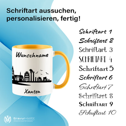 Tasse in Goldgelb 330ml bedruckt mit der Skyline von Xanten personalisierbar mit Wunschname