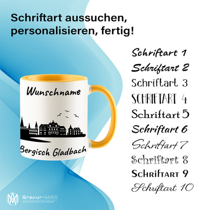 Tasse in Goldgelb 330ml bedruckt mit der Skyline von Bergisch Gladbach personalisierbar mit Wunschname