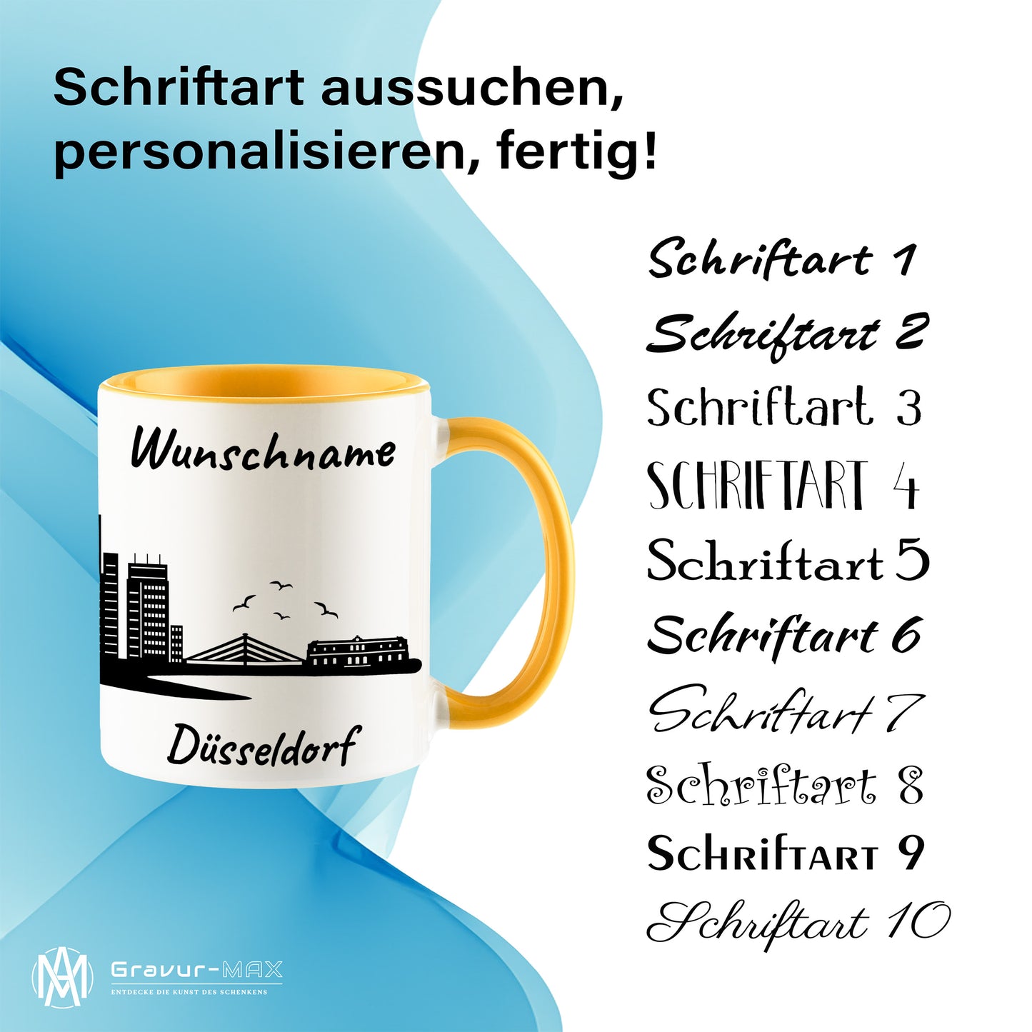 Tasse in Goldgelb 330ml bedruckt mit der Skyline von Düsseldorf personalisierbar mit Wunschname